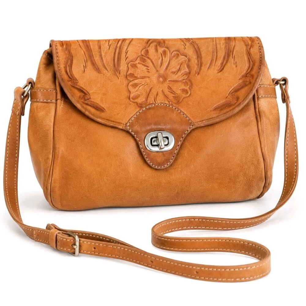 Vintage Tooled Leather Crossbody Purse Floral Western Boho Tan Saddle Bag